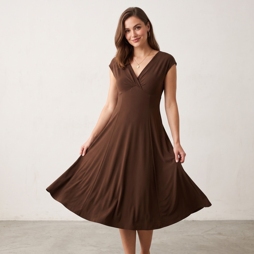 Jones New York Dress Women 12 Brown V-Neck Cap Sleeve Fit & Flare Midi Stretch